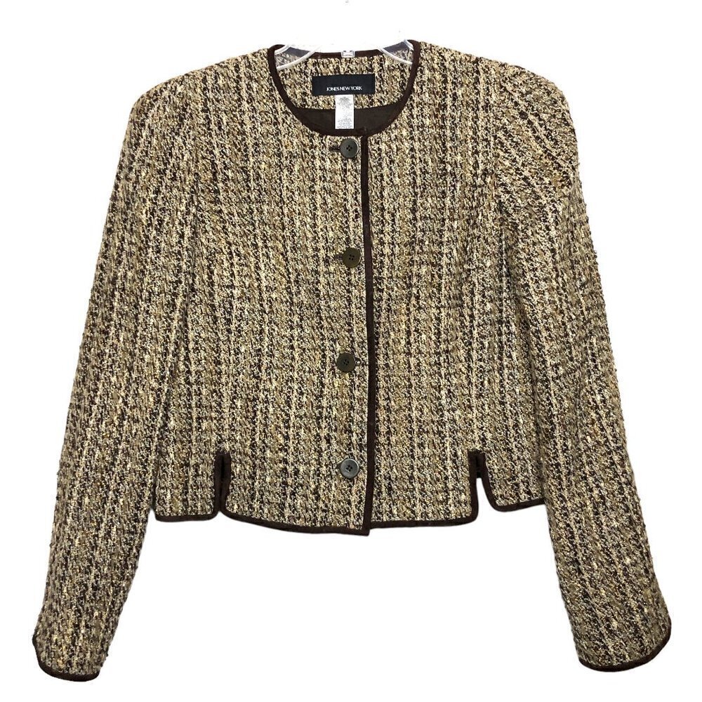 Jones NEW YORK - Wool/Alpaca/Mohair Tan & Brown Tweed Academia Blazer - Size 12